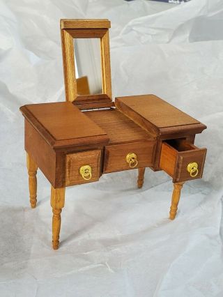 Vintage Dollhouse Miniature Reevesline Japan Vanity Mirror Desk Table Wood 70s