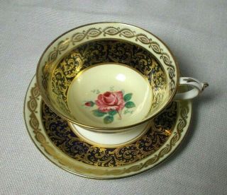 Paragon China Double Warrant Cup & Saucer Rose Cobalt Gold Gilt Queen Mary