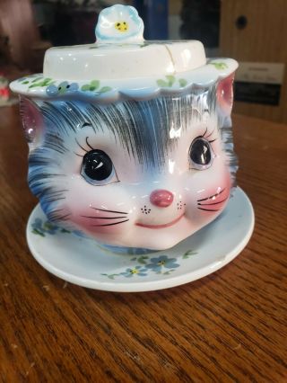 Rare Vintage Lefton Miss Priss Cat Jam Jelly Jar W/ Attached Plate