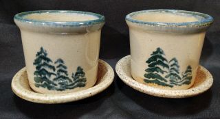 4 Pc Vtg Monroe Salt Maine Pottery Pine Tree Planter Pots & Underplates 4 "