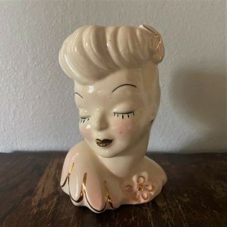 Vintage Ceramic Porcelain Glamour Girl Lady Head Vase W.  Gold Trim - 6.  5 "
