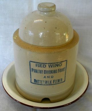 Antique Vintage Red Wing Stoneware Pottery Chicken Buttermilk Feeder Blue Letter