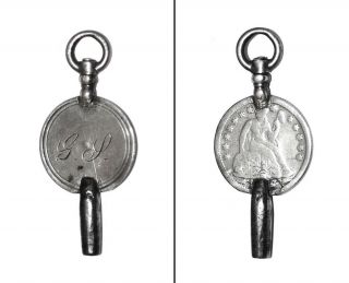 Antique Victorian Silver Dime Love Token Pocket Watch Key 1850 Fob Charm Pendant