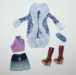 My Scene Barbie Doll Fur Coat,  Jean Skirt,  Silk Top,  Boots,  & Bag Outfit