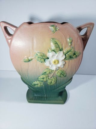 Gorgeous Vintage Roseville Pottery White Rose Pink Vase 984 - 8 1940 