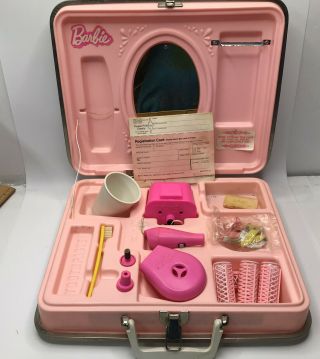 Vintage Barbie Vanity Pink Hard Case 1973 Mattel Curlers Hair Dryer Still