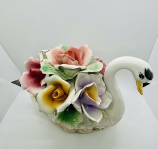 Large Capodimonte Swan Centerpiece With Flowers 12 X 7 X 8.  5 " Italy Vintage