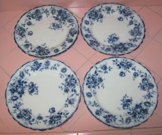 1900 Antique Flow Blue 4 Rose Sprays Lunch Plates W.  Adams England