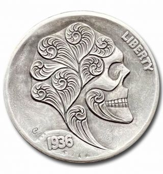 Hobo Nickel Coin 1936 Buffalo " Skull Shell " Hand Engraved By Gediminas Palsis