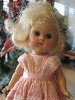 Vintage Strung Vogue Ginny Doll Blonde Hair W Pink Swiss Dot Pinafore Dress 8 "