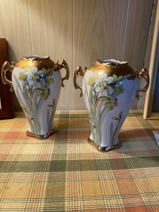 Vintage Nippon Hand Painted Double Handle Iris And Gold Vases,