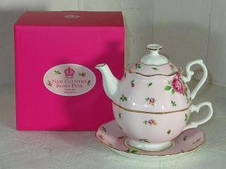 Nib Royal Albert Bone China Country Roses Pink Tea For One Teapot Set