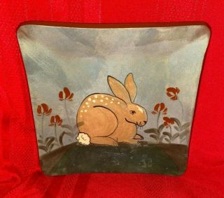 Eldreth Redware Plate Bunny Rabbit Easter Square Primitive Folk Art Country