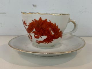 Vintage Possibly Antique German Meissen Porcelain Cup & Saucer With Dragon Dec.