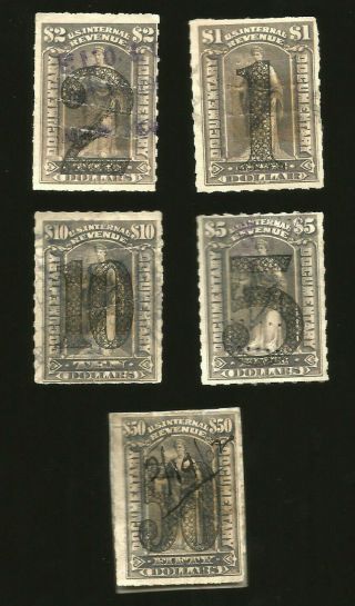 1900 Scott R184 - 189 Gray Revenues Stamps Lot (5) $1 $2 $5 $10 $50