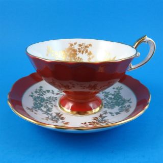 Deep Redish/brown With Gold Motif Pedestal Crown Staffordshire Tea Cup & Saucer