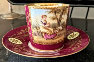 Antique Royal Vienna Demitasse Cup Saucer Beaded Gold Artist Signed 19 Century