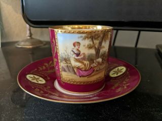 Antique Royal Vienna Demitasse Cup Saucer Hand Painted Scenes Beaded Gold 19th C