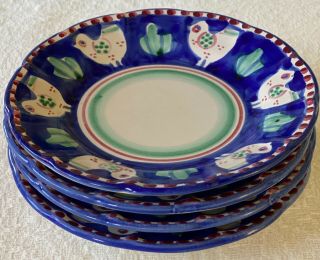Solimene Vietri Campagna Hand - Painted Pottery Blue Chicken 4 Salad Plates,