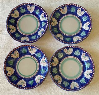 Solimene Vietri Campagna Hand - painted Pottery Blue Chicken 4 Salad Plates, 2