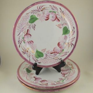 19c English Staffordshire Pink Luster Pearlware 3 Plates Pie Salad Enamel Colors