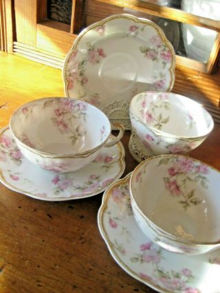 Haviland Schleiger 39d Pink Rose Swags,  Double Gold 3 Cups & Saucers