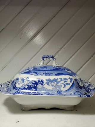 Large Blue White Italian Spode Covered Lidded Vegetable Platter Dish 12 " X9.  5 "