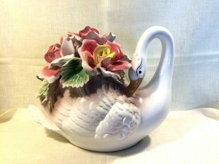 Vintage Capodimonte Swan W Roses Porcelain Centerpiece 15 " L X 10.  5 " T Nrperfect