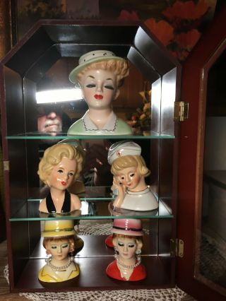 3 Vintage Lady Head Vase & 2 Repros & Cabinet All In