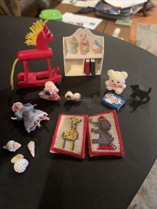 Dollhouse Miniature Child’s Decor.  Bookshelf,  Dolls,  Rocking Horse,  Toys,  20pc