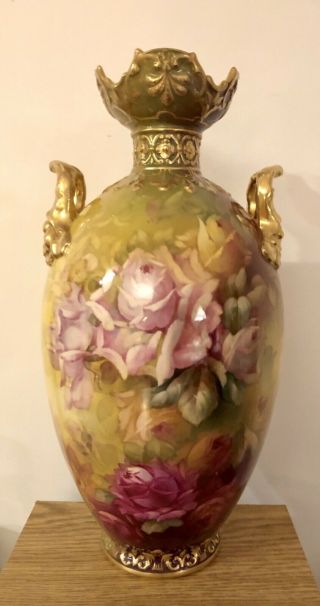 Vtg Royal Bonn Germany Hand Painted Roses Gilt Porcelain Victorian Vase 12.  5”