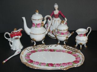 Stunning Vintage 10 Pc Tea Set - Pink Roses Gold Trim China With Figurine Pot
