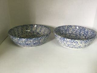 Rare Two 2 Gerald Henn Blue Spongeware Pottery 9 1/2” Serving Bowl Roseville