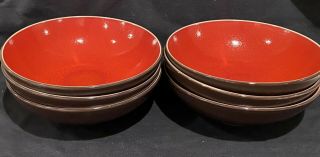 Pier 1 Red Reactive Glossy Red Matte Brown Stoneware Set Of 6 Cereal / Soup Bowl