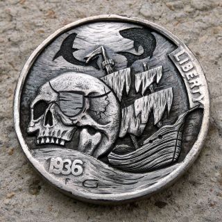 Hobo Nickel Davy Jones Locker Hand Engraved Carved 1936 Buffalo Coin Pirates Art