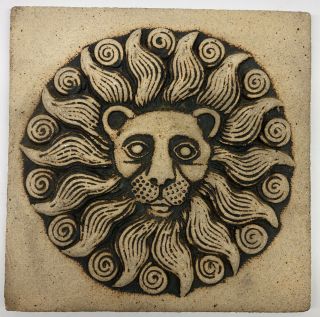 1970s Mid Century Signed John Wenzel Studio Stoneware Tile Lion Sun Face