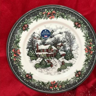 Royal Stafford Christmas Snow Cabin Snowman Dinner Plates Set Of 4
