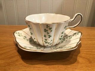 Royal Tara Irish Gold Strips Clover Leaf Pattern Tea Cup And Saucer Set -