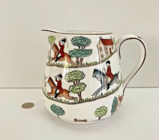Vintage Crown Staffordshire Pitcher Hunting Scene Horses Dogs Fox England 24 Oz