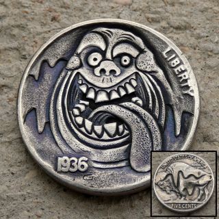 Hobo Nickel Slimer Ghost Hand Engraved Carved 1936 Buffalo Coin Ghostbusters Art