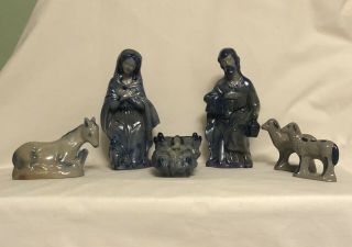 Beaumont Brothers Pottery Bbp Blue Salt Glaze Nativity Jesus Mary Joseph 6 Piece