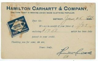 1900 Detroit Mi Ux14 Postal Card Advertising Hamilton Carhartt Pants Overall