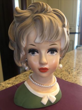 Vintage Relpo K1940 7” Tall Head Vase Blonde Lady In Green W Pearls Eyes Open