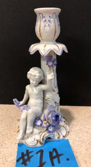 Antique Sitzendorf Germany Porcelain Angel/cherub Candle Holder Capodimonte Blue