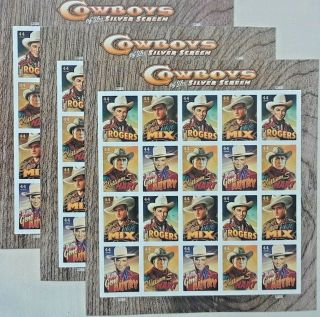 Three Sheets X 20 Cowboys Of The Silver Screen 44¢ Us Ps Stamps.  Scott 4446 - 4449