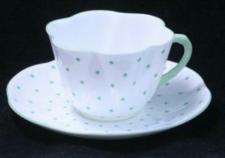 Shelley England Fine Bone China White & Green Polka Dot Teacup & Saucer Set