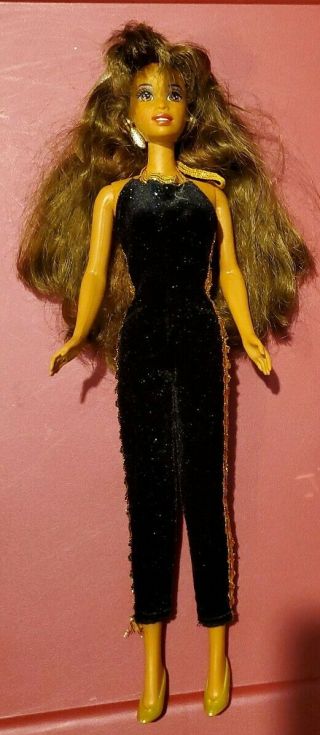 1990 Barbie Doll Vintage Teresa? Latina Long Hair Black & Gold Jumpsuit W/shoes