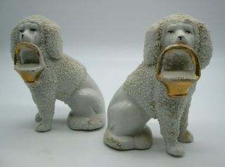 Antique Pair Staffordshire Poodle Dog Figurines Holding Gold Basket 3262 2