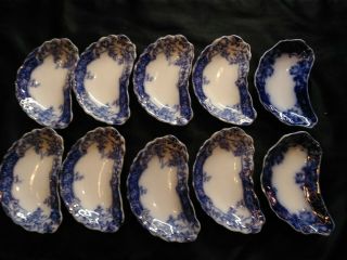 Set Of 10 Bone Plates Henry Alcock Manhattan Flow Blue Semi Porcelain C1900