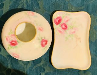 Limoges,  2 - Piece,  Hand Painted Vanity/dresser Set Hair Receiver And Soap Tray